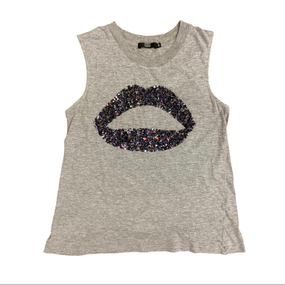 Markus Lupfer Gray Tank Top with Sequin Lips - Picture 1 of 7
